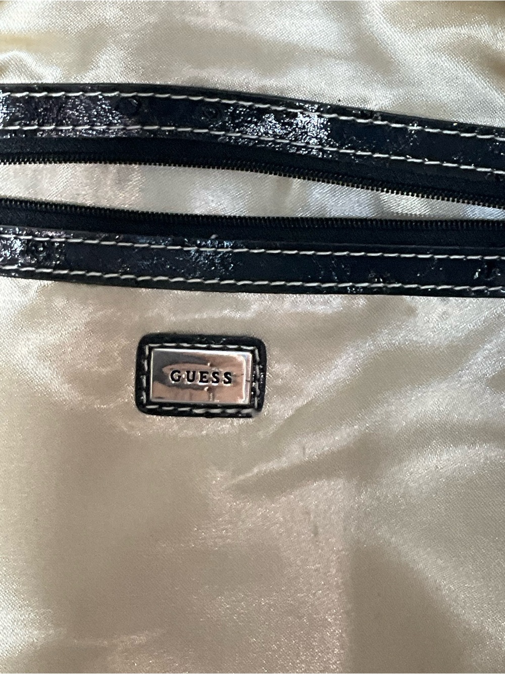 Guess Zebra Print Canvas Tote Bag Black Cream with Patent Trim - Picture 2 of 11